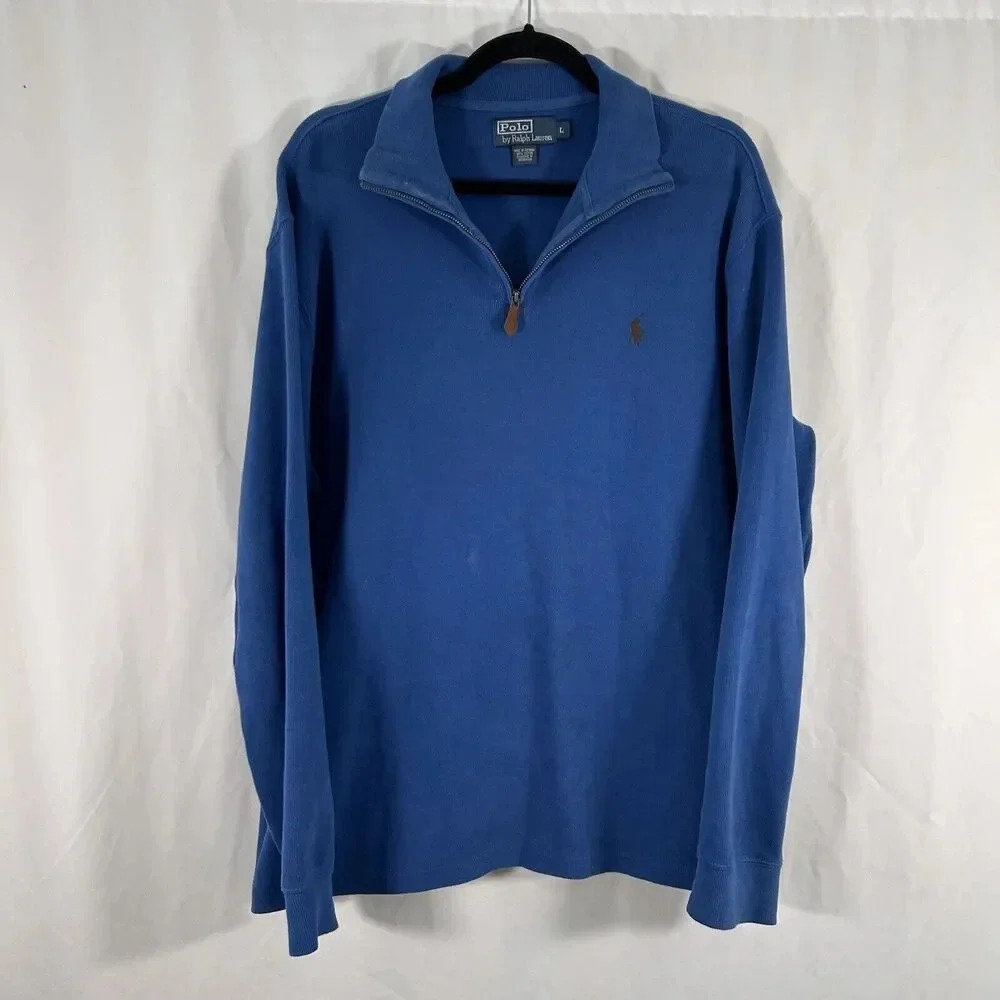 Ralph Lauren Sweater Men's Large Blue Knit 1/4 Zip Long Sleeve Pullover Cotton